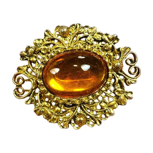 Czech Jewelry - Early 1940s Art Nouveau Czech Gold Filigree Sash Pin With Amber-Colored Gemstone